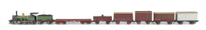 c.1894 G Class (G38) Steam Locomotive (185x35x50mm) built at the Newport Workshops (name plate on cabin), pale green livery with gold plate trim, 4-4-0 wheel configuration, with rolling stock comprising six goods carriages including 2000 gallon water tank & horse van, total size 730x35x50mm. (8 items)