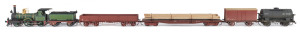 c.1880 F Class (F98) Steam Locomotive (170x35x55mm) built at Phoenix Foundry (Ballarat), dark green livery with gold plated trim, 2-4-0 wheel configuration, with rolling stock comprising three goods wagons including oversized 40 tons timber wagon, plus an oil tank, total size 690x35x50mm. (6 items)
