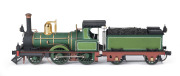 c.1880 F Class (F98) Steam Locomotive (170x35x55mm) built at Phoenix Foundry (Ballarat), dark green livery with gold plated trim, 2-4-0 wheel configuration, with rolling stock comprising three goods wagons including oversized 40 tons timber wagon, plus a - 2