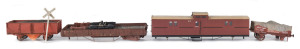 Group of 4 unfinished rolling stock items comprising 13C passenger/guard van, plus a flat wagon, covered wagon & coal wagon, plus a railway crossing signpost. (5 items)