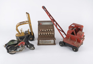 Boomeroo Hyster, tin toy crane, motorcycle with sidecar and Merit toy cash register, mid 20th century, the Hyster 28cm high