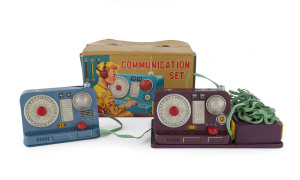 "Communication Set" by MT (Masudaya) in original carry box (small faults) with great images from the early years of the Space Race; Japan, circa 1960. Battery operated. Box length: 21cm (8.25").