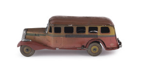 Tinplate clockwork bus; Made in Japan, circa 1930's; in brown; marked R.8 in diamond, with later "Adelaide, Melbourne & Sydney" labels applied to each side. Length: 23cm (9").