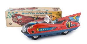 Friction powered tin plate "Race Car Seven Star" by Modern Toys/Masudaya, Japan; in original box. circa 1950s. Length: 33cm (13").
