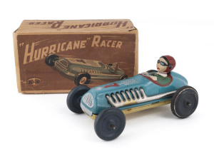 Friction powered "Hurricane Racer" by Midoriya in box marked "Made in Occupied Japan", circa 1948; with hand-painted head.