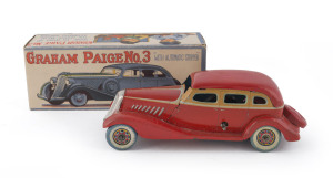 "Graham Paige No.3" clockwork tin four-door sedan "with automatic stopper" in original box; by CK Kuramochi Kosuge, circa 1930s. Length: 16cm (6.25").