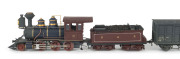 1881 X Class Tender Locomotive, road number '45' (180x36x50mm) built by Baldwin Locomotive Works (Philadelphia), black & brown livery with gold plated trim, 2-6-0 wheel configuration, with rolling stock comprising four goods carriages. (6 items) - 2