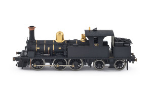 1862 E Class Tank Engine, road number '42' (135x37x50mm) built by Avonside Engine Co, black livery with gold plated trim, 2-4-0 wheel configuration, rebuilt & renumbered '49' in 1889 (when bogie was added), condemned and scrapped in 1929.
