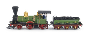 1856 No 1 "Adelaide" Tank Engine, modelled in its 1869 converted-to-tender-engine format (190x38x56mm), being one of the three engines ordered from William Fairbairn (Manchester, England), yellow-green & red livery and gold plated trim, 2-4-0 wheel configuration.