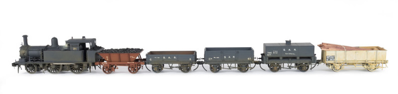 1893 P Class Tank Engine, road number '21' (120x35x50mm) built by James Martin & Co (Adelaide), black livery, 2-4-0 wheel configuration, with rolling stock comprising an extended coal bunker plus four wagons one loaded with timber. (6 items)