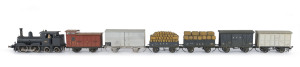 1880 Gd Class Well Tank Locomotive, road number '163' (122x35x50mm) built by Beyer, Peacock, black livery, 0-4-4 wheel configuration, with six rolling stock carriages including guard van and loaded wagons of hay and wheat. (total size with carriages 580x35x50mm). (7 items)