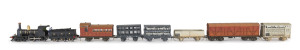 1877 H2 Class Tender Locomotive, road number 'H2' (195x34x55mm) built by Robert Stephenson & Co (Newcastle-upon-Tyne, England), black livery with gold plated trim, 4-4-0 wheel configuration, with rolling stock comprising a passenger/guard van plus five goods carriages including a sheep carriage filled with livestock, (total size with carriages 770x34x55). (8 items)
