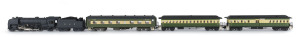 1937 620 Class tender steam locomotive, road number '624' (275x41x55mm) designed by Fred Shea and built at Islington Railway Workshops, black livery, 4-6-2 wheel configuration with three passenger carriages (total size with carriages 990x41x55mm). (5 items)
