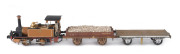 1879 I Class tank engine, road number '48' (80x33x40mm) built by Neilson & Co (Glasgow, Scotland), yellow-brown livery with gold plated trim, 0-4-0 wheel configuration, also a wagon loaded with aggregate, and an unfinished wagon. (3 items)