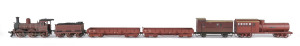 Early 1890s P Class (P5) Steam Tender Locomotive (180x34x50mm) brown livery with white trim, 0-6-0 wheel setting, rolling stock configured for maintenance train use with 'QN91' & 'QN1' wagons (for ballast), '30Q' weed sprayer plus '1Q2' Guard Van (total size 725x34x50mm). (6 items)