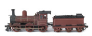 Early 1890s P Class (P5) Steam Tender Locomotive (180x34x50mm) brown livery with white trim, 0-6-0 wheel setting, rolling stock configured for maintenance train use with 'QN91' & 'QN1' wagons (for ballast), '30Q' weed sprayer plus '1Q2' Guard Van (total s - 2