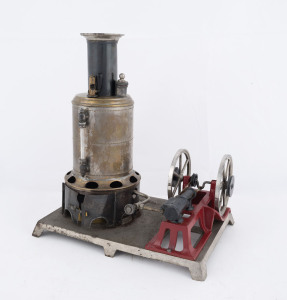 Early 20th Century Weeden Manufacturing Co No.49 stationary Toy Steam Engine comprising vertical brass boiler, with horizontal slide valve engine, dual flywheels and flyball governor. The engine is mounted on red metal stand and affixed to a plain metal base, 25x15cm base, height 26cm, weight 2.3kg.