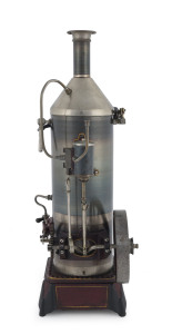 .c.1920s-30s Josef Falk vertical boiler & inverted steam engine, steel-blue boiler, brass cylinder, expansion slide-valve gear, weight overflow valve, water gauge, boiler feed pump, mounted on cast-iron base; of sturdy construction exhibiting quality workmanship, 11x11x36cm, weight 2.05kg.