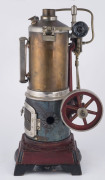 c.1915 Doll & Co vertical boiler & inverted steam engine, boiler with lower fire door, water gauge, flywheel and safety valve, mounted on cast-iron base painted in deep red, maker's plate on the fire door, detachable chimney is missing, base 11x11cm, heig - 2