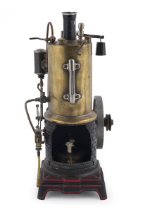 c.1910 Bing vertical boiler and inverted brass steam engine, water gauge flywheel, steam whistle, safety valve; maker's plate on outer boiler wall, mounted on cast-iron base, base 11x11cm height 28cm, weight 1.40kg.