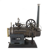 Early 1900s Falk Overtype stationary Steam Engine Type JF521 (stamped on base), 10cm diameter brass boiler, 10½cm flywheel, catwalks on three sides of the boiler, mounted on cast iron base; 26x14½cm base, height 39cm, weight 3.6kg. Rare.