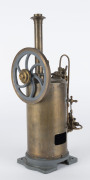 1930s vertical steam engine with large (9cm diameter) boiler in brass (no burner), upright engine, 11cm diameter flywheel at top, safety valve; base 10½x10½cm, height 31cm, weight 1.30kg. - 2