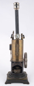 c.1910s-20s Bing (?) vertical steam engine with brass boiler & inverted steam engine, water gauge, large flywheel (10½cm diameter), steam whistle, safety valve, tall chimney with spark arrester, mounted on cast iron base painted green with orange trim, base 14½x14½cm, weight 1.7kg.