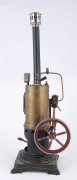 c.1910s-20s Bing (?) vertical steam engine with brass boiler & inverted steam engine, water gauge, large flywheel (10½cm diameter), steam whistle, safety valve, tall chimney with spark arrester, mounted on cast iron base painted green with orange trim, ba - 2