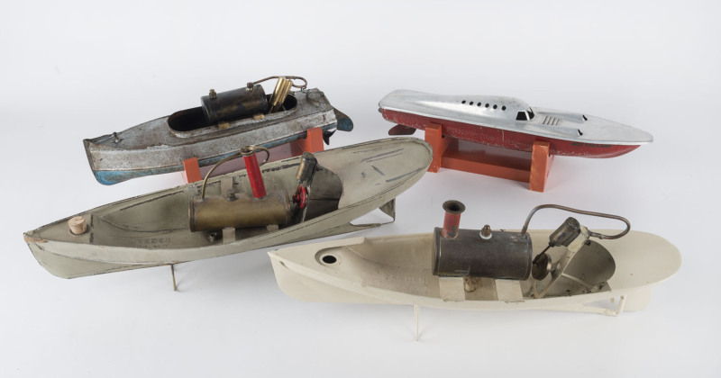 1930s-40s group of vintage model steamboats, two by Weeden (42x12cm) & (37x11), another by unknown maker (32x9cm); also late 1940s Victory Industries "Miss England" twin-jet speed boat (35cx9cm), latter two items mounted on bespoke wooden stands. (4 items