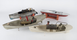 1930s-40s group of vintage model steamboats, two by Weeden (42x12cm) & (37x11), another by unknown maker (32x9cm); also late 1940s Victory Industries "Miss England" twin-jet speed boat (35cx9cm), latter two items mounted on bespoke wooden stands. (4 items)