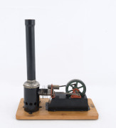 1960s scratch built stationary steam engine comprising ethanol burner, boiler, chimney and small engine all mounted on wooden stand (21x11cm), height 25cm, weight 600gr.