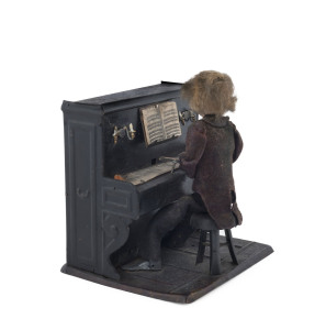 Antique French Musical automaton Piano Player by Fernand Martin, marked "F.M. SYSTEME..." on reverse. Pianist with original outfit and hair. circa 1900. Height: 15cm (6").