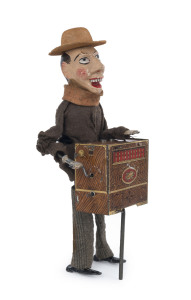 French SIJIM Wind-Up Organ Grinder tinplate toy with hand-painted composition head. Height: 24cm (9.5").