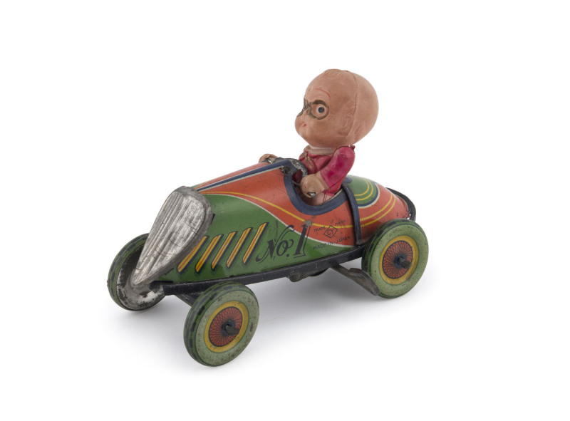 Tin Litho Windup Race Car No.1; made in Japan by CY; with celluloid driver & nickel grill. Length: 14cm (5.5"). Provenance: The Ted Mantell Lifetime Toy Collection - 12 May, 2018 - Lot 392A.