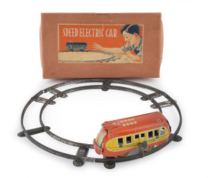 "Speed Electric Car" made by K.T.; Japanese, circa 1955; in original box with complete top label; 3-piece circular metal track and wind-up train-like vehicle in tin-plate, labelled "STREAM LINE TRAIN" on each side.