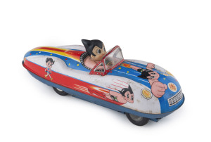 Astroboy Robot Speed Racer Lithographed Tin Friction Toy, Taiko Sound, 1960s. Made By Masudaya. Length: 31.5cm (12.5").