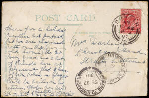 1907 (Sept.4) postcard from DUBLIN, IRELAND bearing 1d Edward VII; addressed to "Mrs Darling, Christmas Island, Straits Settlements" with double circle "PENANG TO SINGAPORE SE 27 1907" transit cds and "CHRISTMAS ISLAND OC 6 1907" [Proud Type B] arrival cd