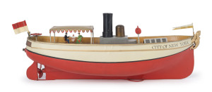 A tinplate Überlacker river boat, Germany, early 20th century. With flags fore and aft, passengers at table under canopy, original key for wind-up power to drive the propellor; "CITY OF NEW YORK" painted to both sides and with mermaid figurehead. Lovely o
