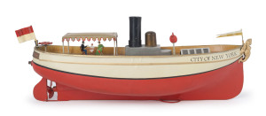 A tinplate Überlacker river boat, Germany, early 20th century. With flags fore and aft, passengers at table under canopy, original key for wind-up power to drive the propellor; "CITY OF NEW YORK" painted to both sides and with mermaid figurehead. Lovely original condition in original (restored) box.