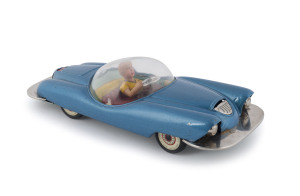Kuramochi CK Japan - LINEMAR FUTURE CAR - FUTURISTIC ROADSTER, 1956; friction operated with great clacking sound from front wheels. With large clear canopy (slight traces of original factory glue on sides), female driver, lithographed dash. Solid rubber on the tyres with Linemar Toys hubcaps. Length: 30.5cm (12").