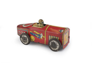 Race Car "3" No.2525 by Sanshodo, Japan; circa 1930s tinplate lithographed with early aeroplanes and moon designs to each side panel. Length: 16cm (6.5").