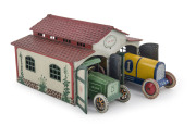 Delightful LEHMANN DRGM two car garage (#772) with clockwork Lehmann yellow & blue Race Car #1 GALOP (760) Pat 2 Dec.1913, U.S.A. 25 Jan. 1927 and Lehmann green Sedan (765) with identical patent details. All pieces marked "Made in Germany" and in exceptio