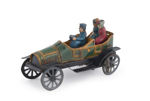 Vintage German tinplate lithographed open tourer, probably by Fischer; with driver and two female passengers; clockwork mechanism, spoked metal wheels. Length: 11.5cm (4.5").
