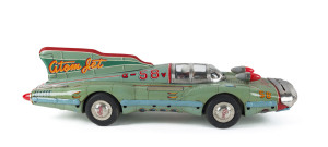 YONEZAWA 58 ATOM JET RACER RACE CAR TIN FRICTION SPACE TOY, circa 1958 Huge size (Length: 69cm; 27") with an enclosed cockpit surrounded with nickel plated cage frame for added protection of the driver, large hard rubber tires that have nickel hubcaps, stamped into the hubs is “Atom”.
