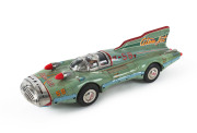 YONEZAWA 58 ATOM JET RACER RACE CAR TIN FRICTION SPACE TOY, circa 1958 Huge size (Length: 69cm; 27") with an enclosed cockpit surrounded with nickel plated cage frame for added protection of the driver, large hard rubber tires that have nickel hubcaps, st - 3