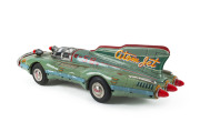YONEZAWA 58 ATOM JET RACER RACE CAR TIN FRICTION SPACE TOY, circa 1958 Huge size (Length: 69cm; 27") with an enclosed cockpit surrounded with nickel plated cage frame for added protection of the driver, large hard rubber tires that have nickel hubcaps, st - 4