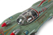 YONEZAWA 58 ATOM JET RACER RACE CAR TIN FRICTION SPACE TOY, circa 1958 Huge size (Length: 69cm; 27") with an enclosed cockpit surrounded with nickel plated cage frame for added protection of the driver, large hard rubber tires that have nickel hubcaps, st - 5