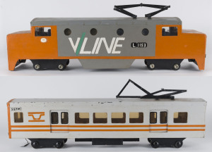 V/LINE Australian folk art model locomotive and carriage, late 20th century, ​145cm long overall