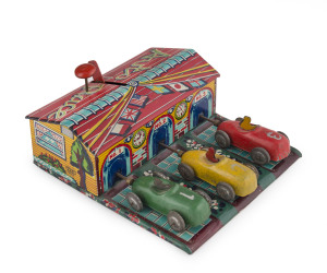 HAJI (Japan) Automatic 3 Car Auto Racing game with spring loaded mechanism to propel the cars; tin, litho.; early 1950s. Approx. 13cm wide, 15cm deep. (5" x 6").