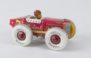 MARX Midget Racer No.7, tin plate lithographed wind-up car with driver; matching white "Balloon 1S.X.9.00" wheels. Made in U.S.A. Length: 13cm (5").